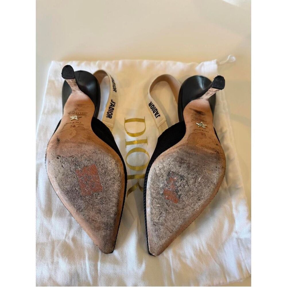 Dior J'Adior Black Technical Fabric Pointed Toe Logo Bow Slingback Heels Size 38 - Picture 6 of 6